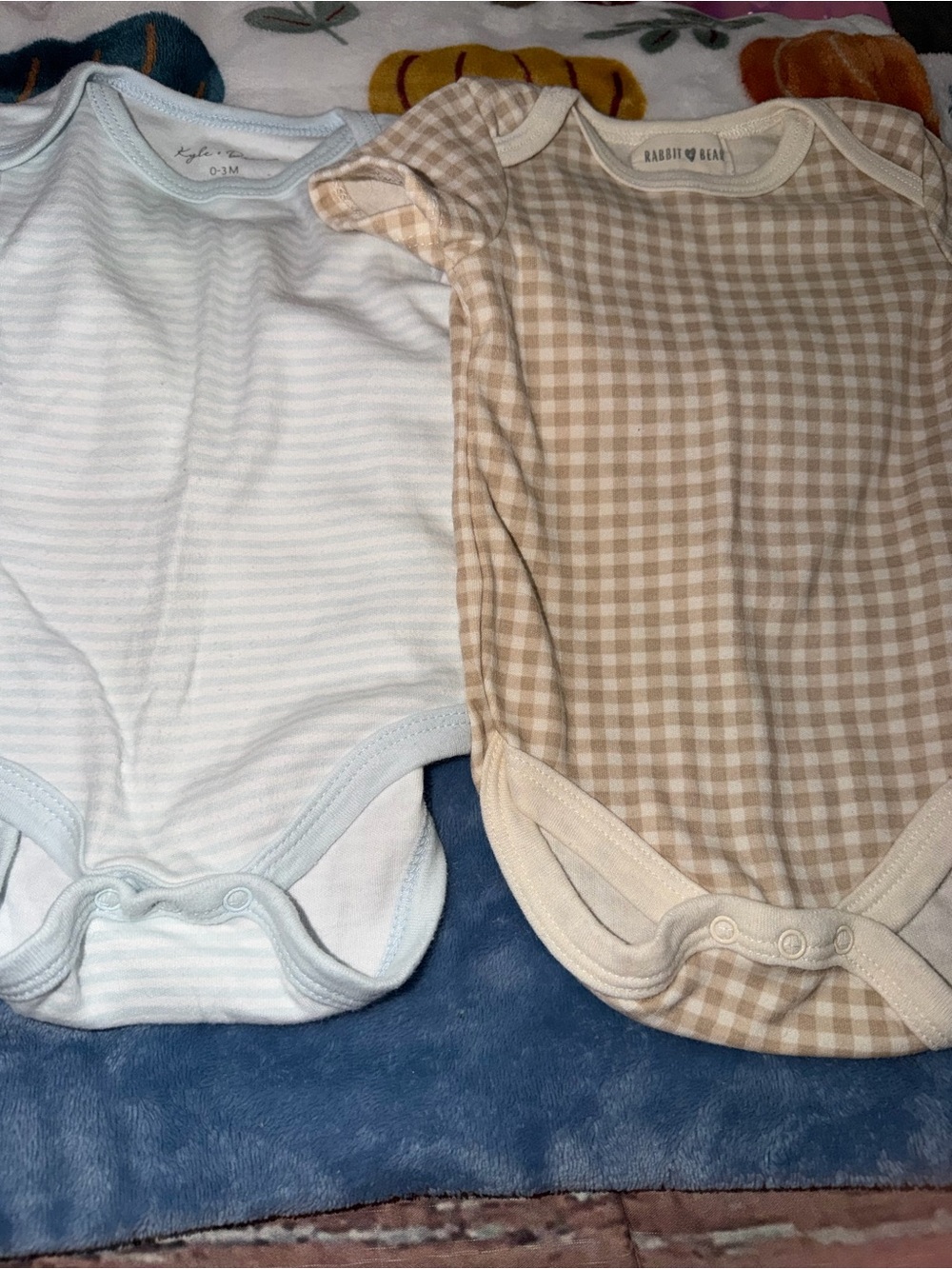 Beige Gingham and Light Blue Stripe Baby One-Piece Set